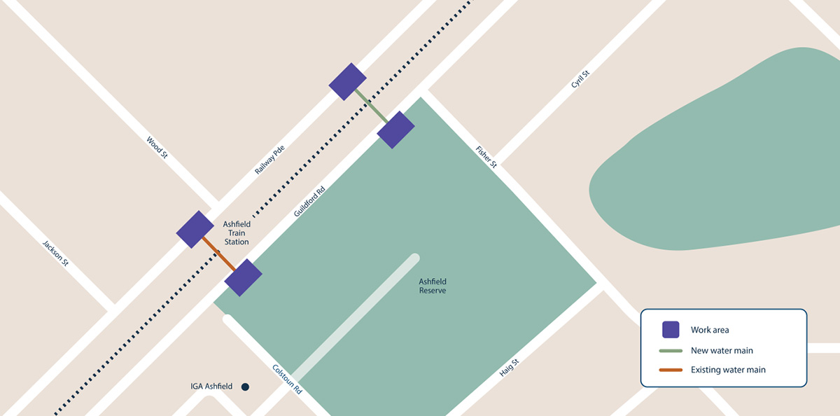 Map of work area for Water Corp works at Ashfield Reserve