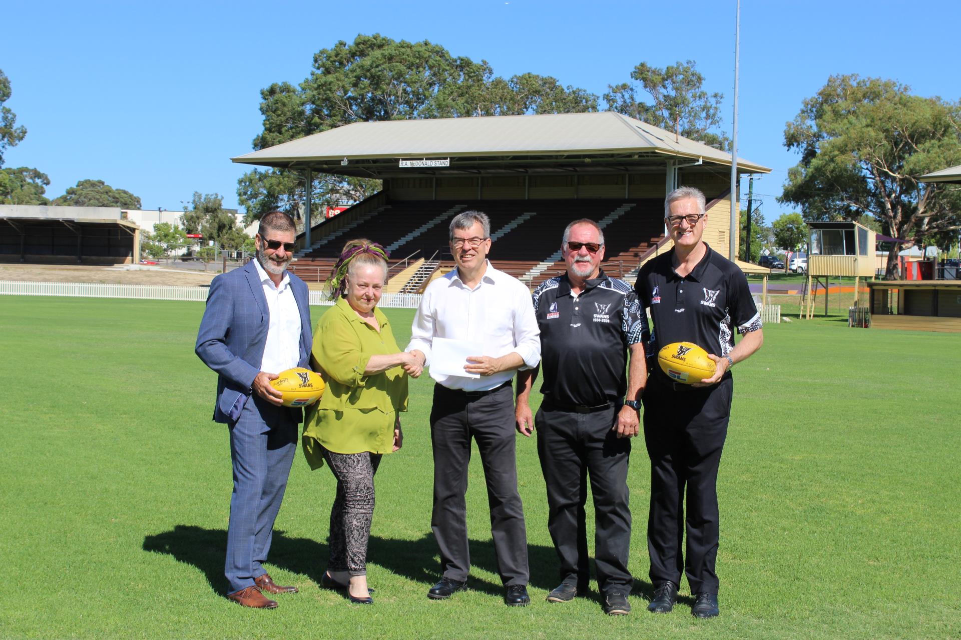 Left to right: Cameron Woods (CEO, Town of Bassendean), Kathryn Hamilton (Mayor, Town of Bassendean), Hon. Dave Kelly MLA, Peter Hodyl (President, Swan Districts Football Club), and Jeff Dennis (CEO, Swan Districts Football Club).